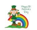 Vector leprechaun girl on stump with a pot of gold coins near the rainbow. Happy St. Patricks Day.